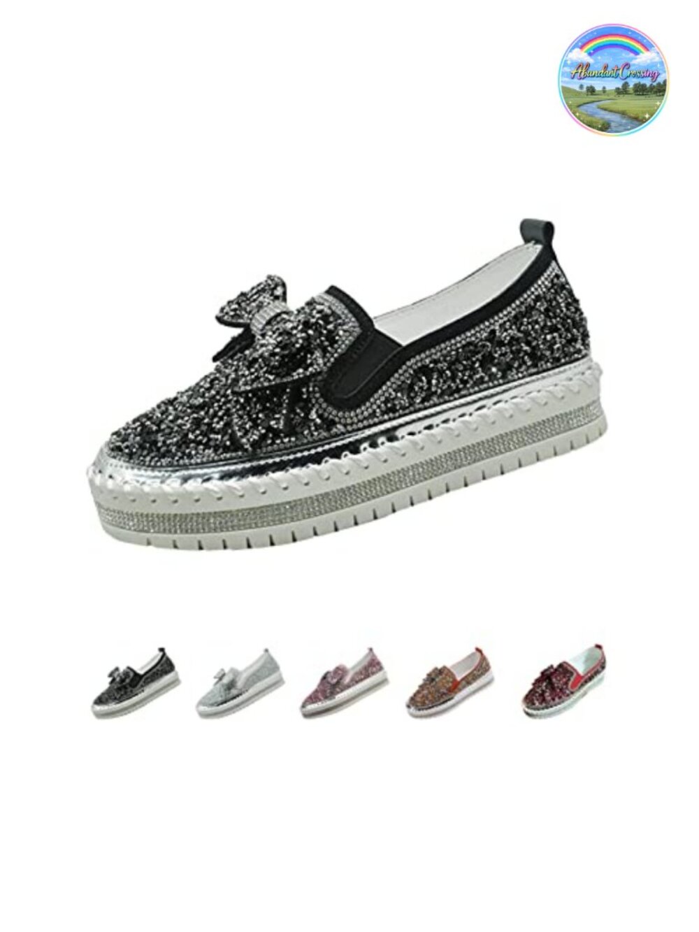Rhinestone Glitter Slip On Sneakers with Cute Bow